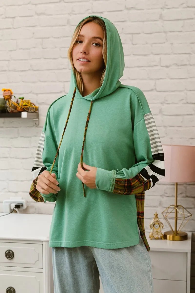 Plaid & Stripe Mix Match French Terry Hoodie – Oversized Cotton Comfort | Elegant Urban Tank Top – Machello