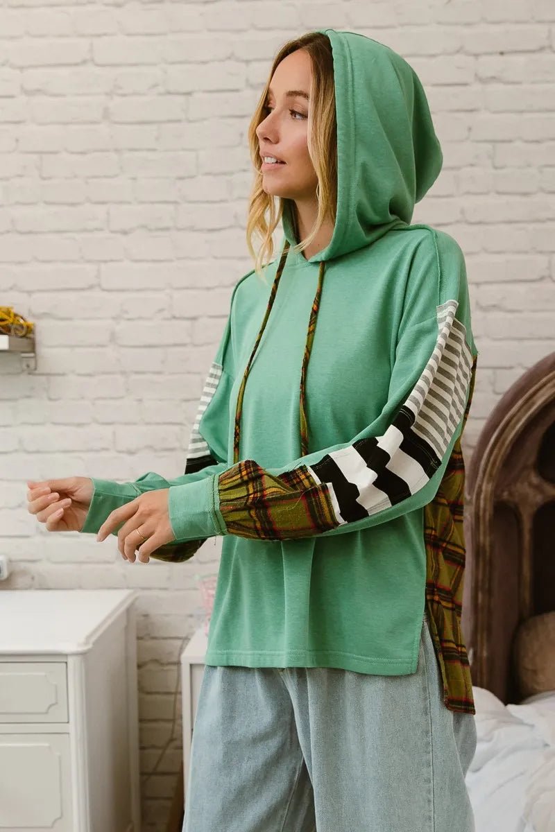Plaid & Stripe Mix Match French Terry Hoodie – Oversized Cotton Comfort | Elegant Urban Tank Top – Machello