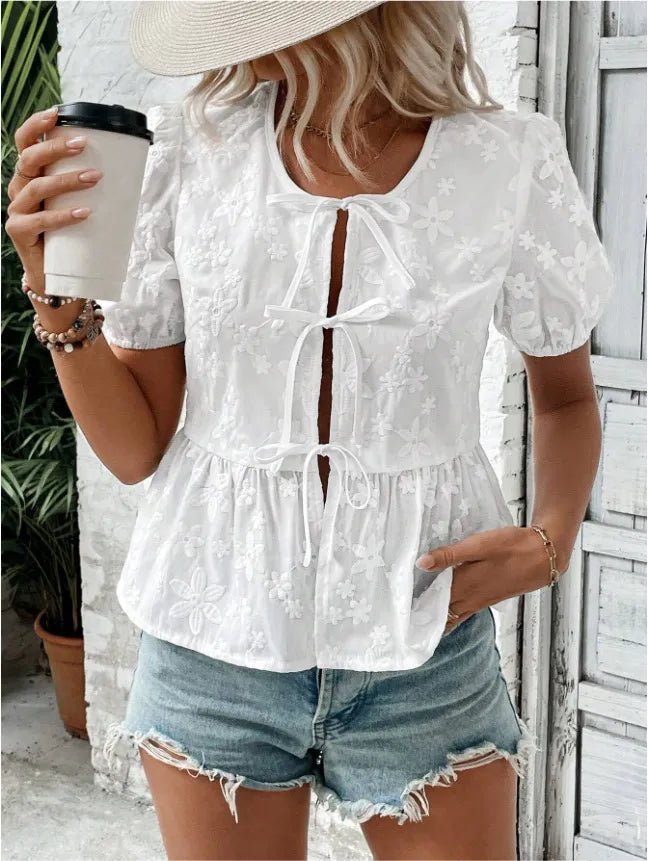 Puff Sleeve Tie Front Lace Peplum Blouse – Feminine & Elegant, No Stretch | Elegant Urban Tank Top – Machello