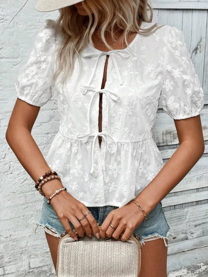 Puff Sleeve Tie Front Lace Peplum Blouse – Feminine & Elegant, No Stretch | Elegant Urban Tank Top – Machello
