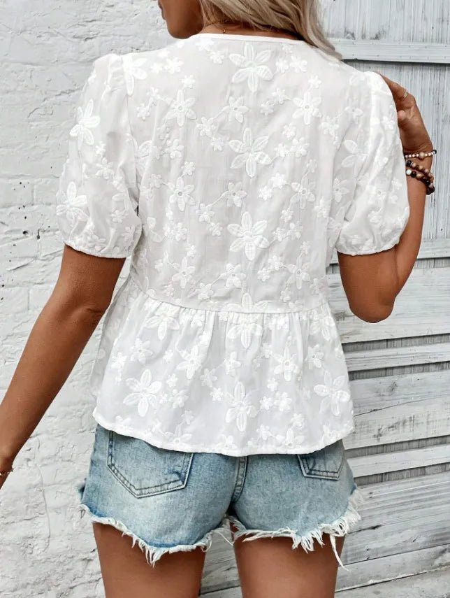 Puff Sleeve Tie Front Lace Peplum Blouse – Feminine & Elegant, No Stretch | Elegant Urban Tank Top – Machello