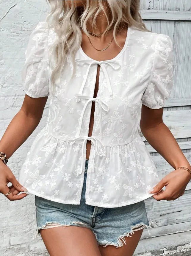 Puff Sleeve Tie Front Lace Peplum Blouse – Feminine & Elegant, No Stretch | Elegant Urban Tank Top – Machello