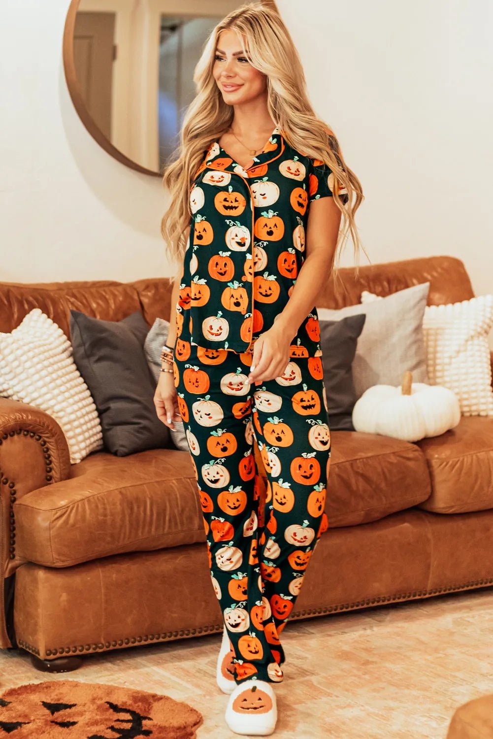 Pumpkin Printed Short Sleeve Top and Pants Lounge Set | Elegant Urban Tank Top – Machello
