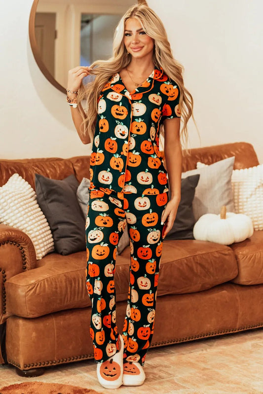 Pumpkin Printed Short Sleeve Top and Pants Lounge Set | Elegant Urban Tank Top – Machello