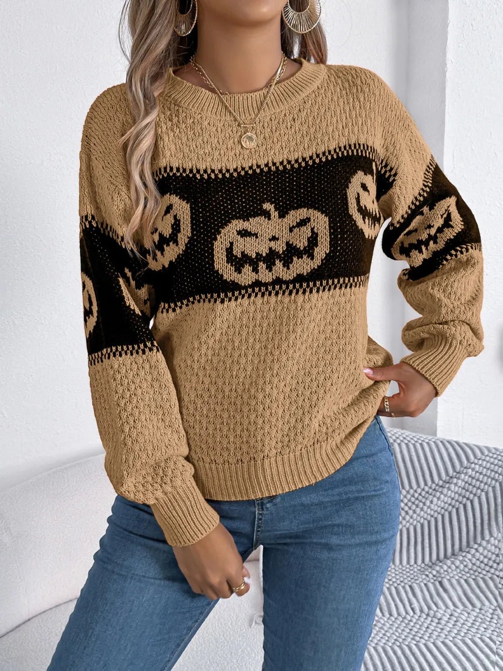 Pumpkin Round Neck Fall Sweater | Elegant Urban Tank Top – Machello