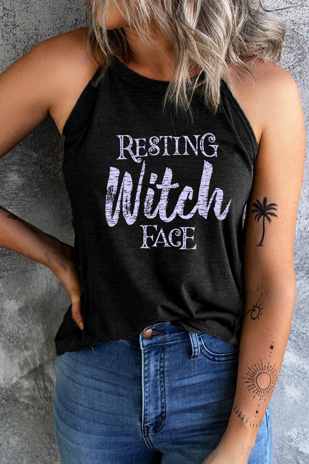 Round Neck RESTING WITCH FACE Graphic Tank Top | Elegant Urban Tank Top – Machello