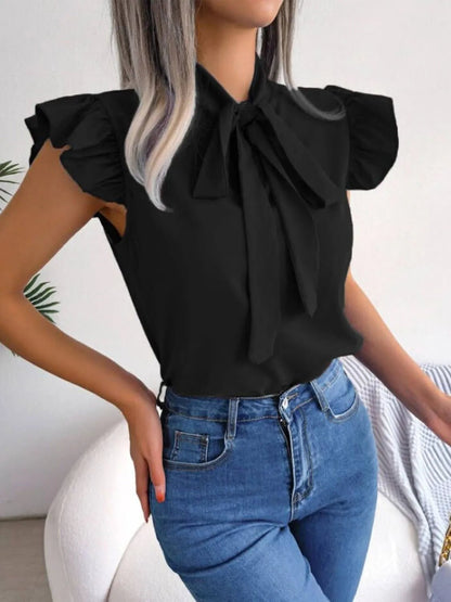 Ruffle Cap Sleeve Bow Tie Blouse | Elegant Urban Tank Top – Machello