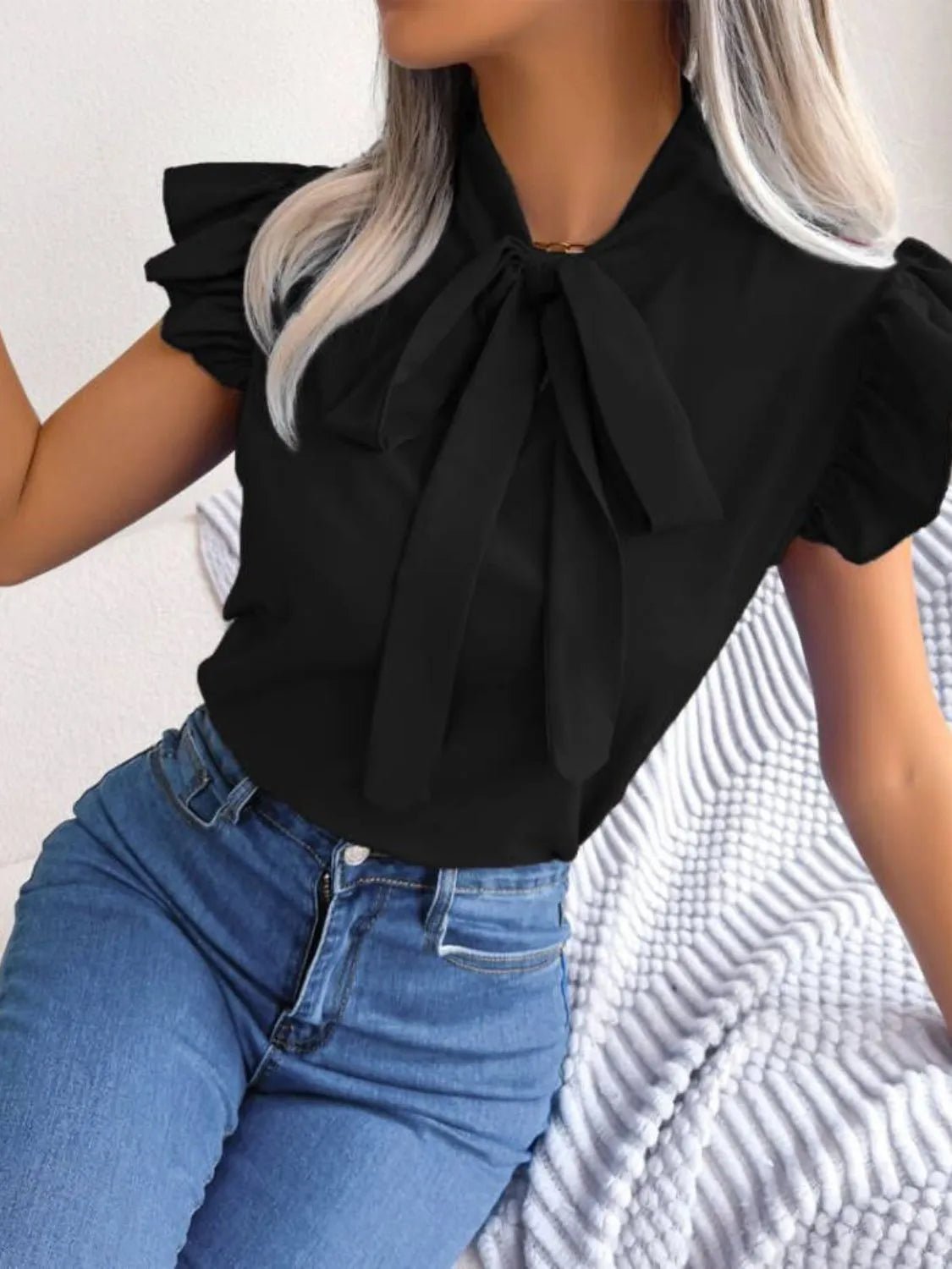 Ruffle Cap Sleeve Bow Tie Blouse | Elegant Urban Tank Top – Machello