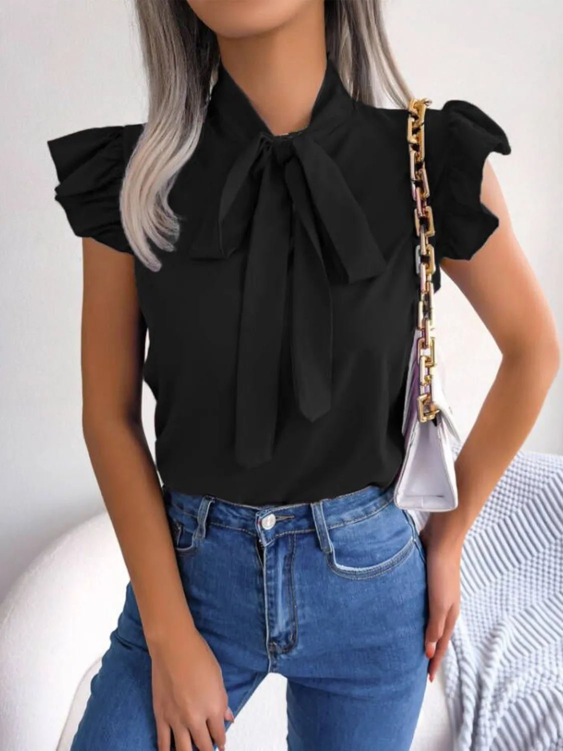 Ruffle Cap Sleeve Bow Tie Blouse | Elegant Urban Tank Top – Machello