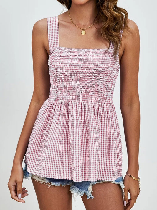 Smocked Plaid Square Neck Tank Top | Elegant Urban Tank Top – Machello
