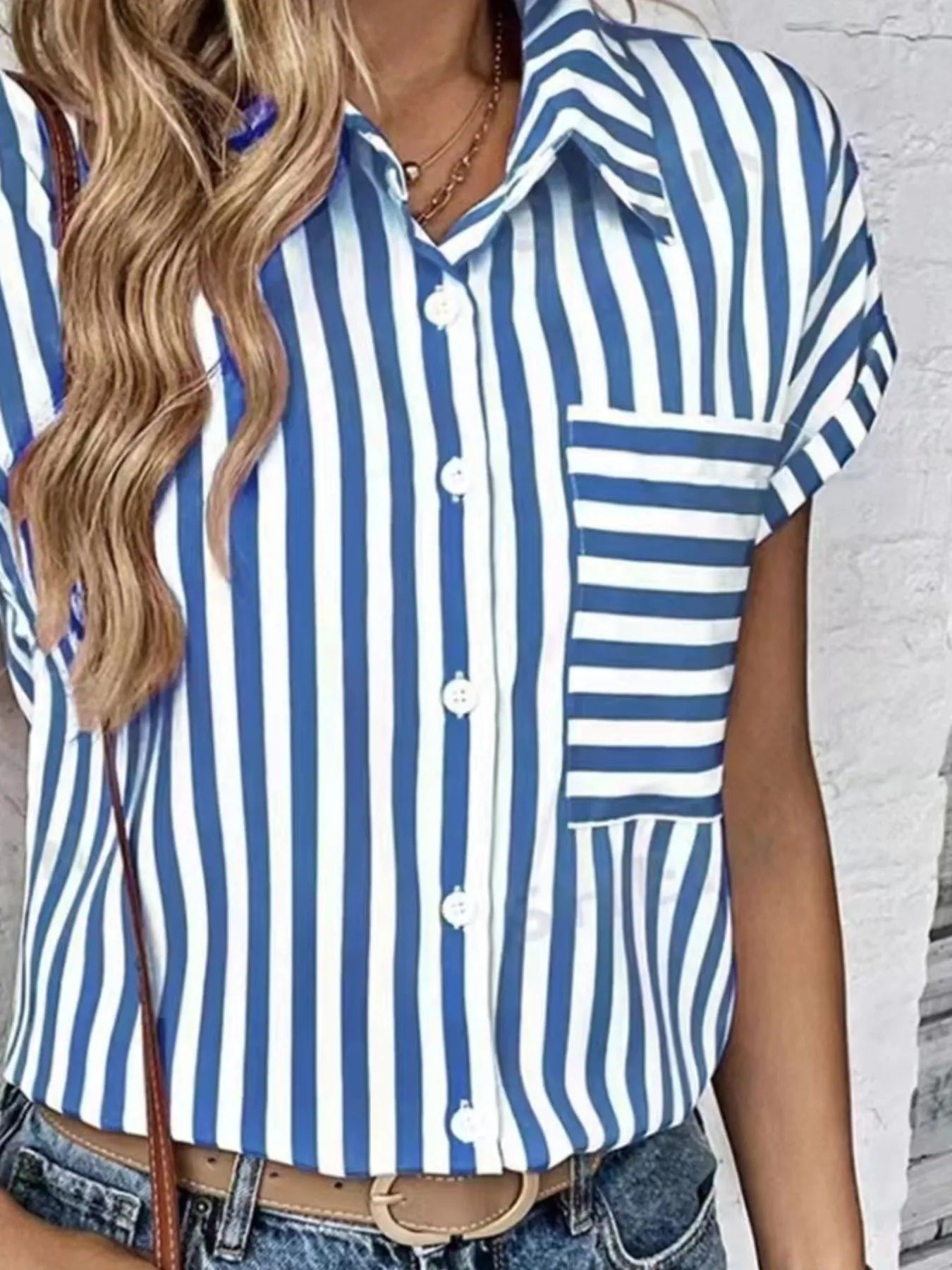 Striped Button - Up Short Sleeve Shirt with Pocket | Elegant Urban Tank Top – Machello