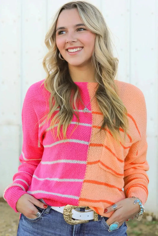 Striped Pocketed Dropper Shoulder Sweater in bright pink and orange, featuring a stylish striped design and relaxed fit.