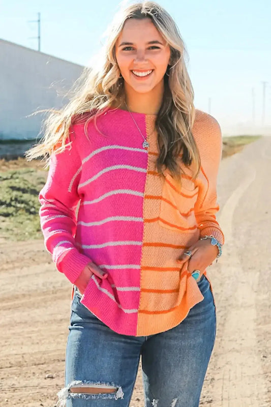 Striped Pocketed Dropper Shoulder Sweater - Stylish, slightly stretchy acrylic sweater with pockets and vibrant colors.
