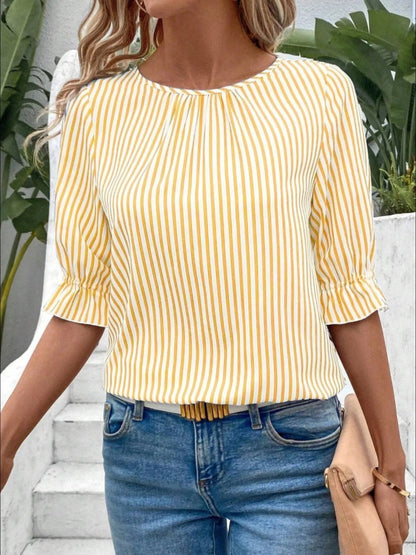 Striped Round Neck Half Sleeve Casual Blouse | Elegant Urban Tank Top – Machello