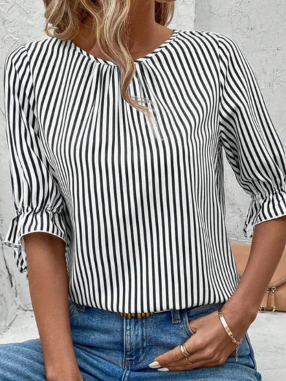 Striped Round Neck Half Sleeve Casual Blouse | Elegant Urban Tank Top – Machello