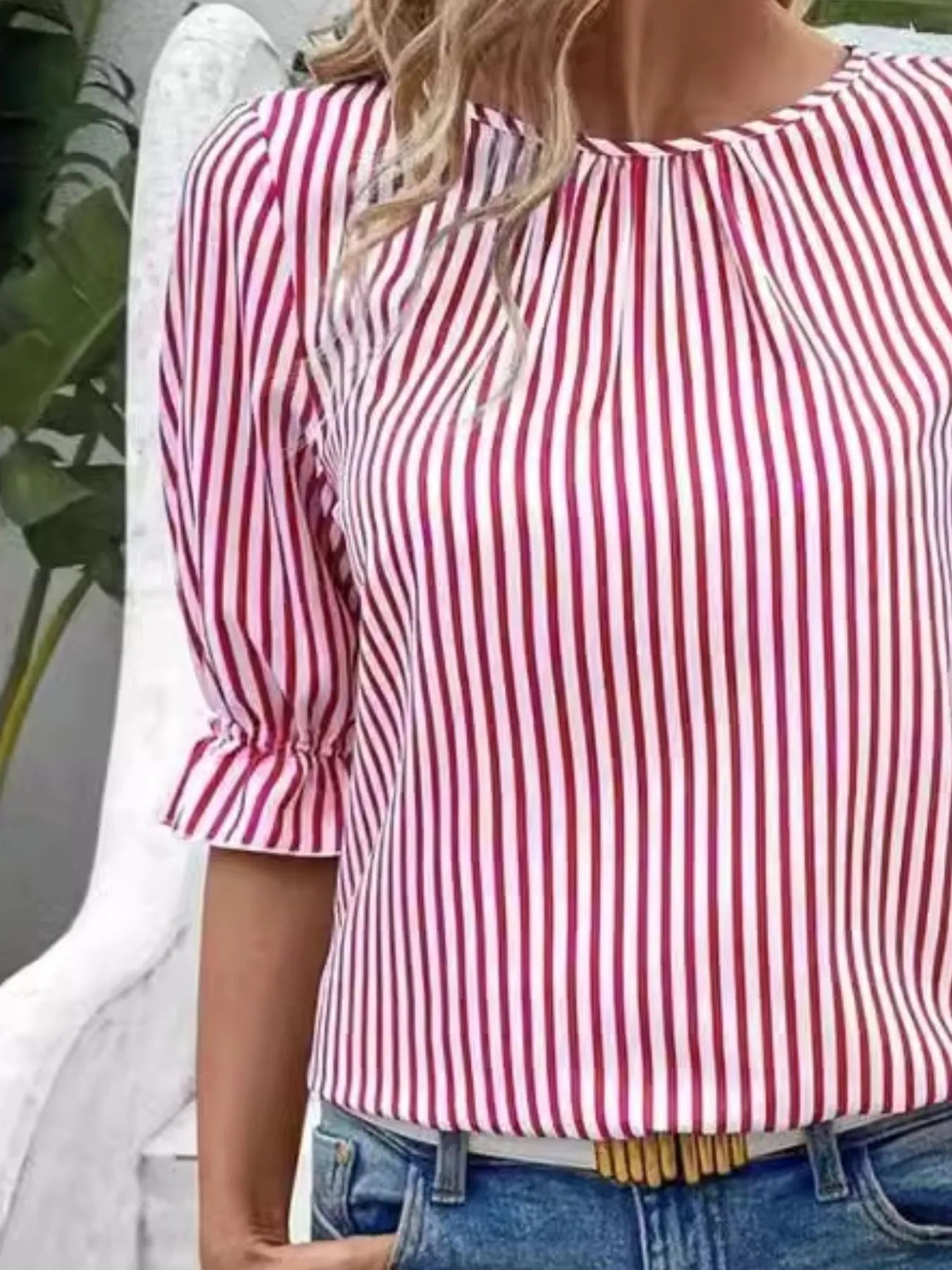Striped Round Neck Half Sleeve Casual Blouse | Elegant Urban Tank Top – Machello