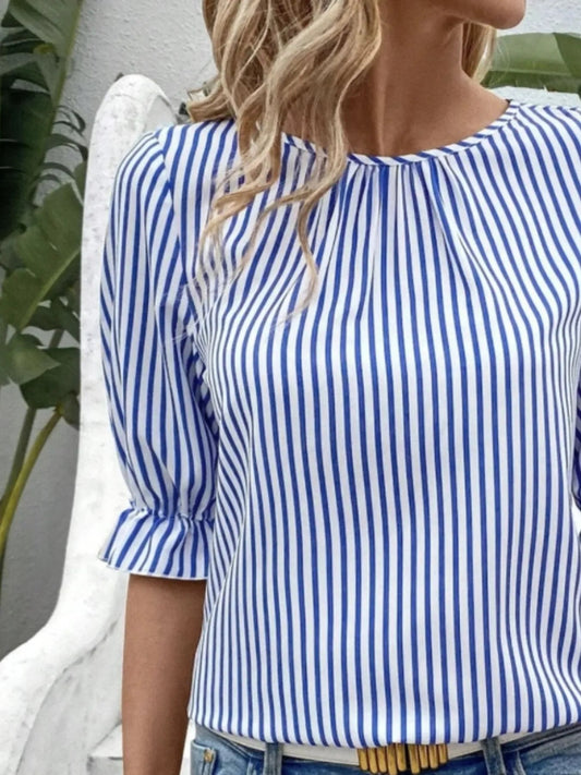 Striped Round Neck Half Sleeve Casual Blouse | Elegant Urban Tank Top – Machello