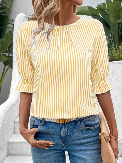 Striped Round Neck Half Sleeve Casual Blouse | Elegant Urban Tank Top – Machello