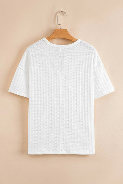 Textured Hollow Grommet Placket Split Neck Short Sleeve Top – Stylish & Slightly Stretchy | Elegant Urban Tank Top – Machello