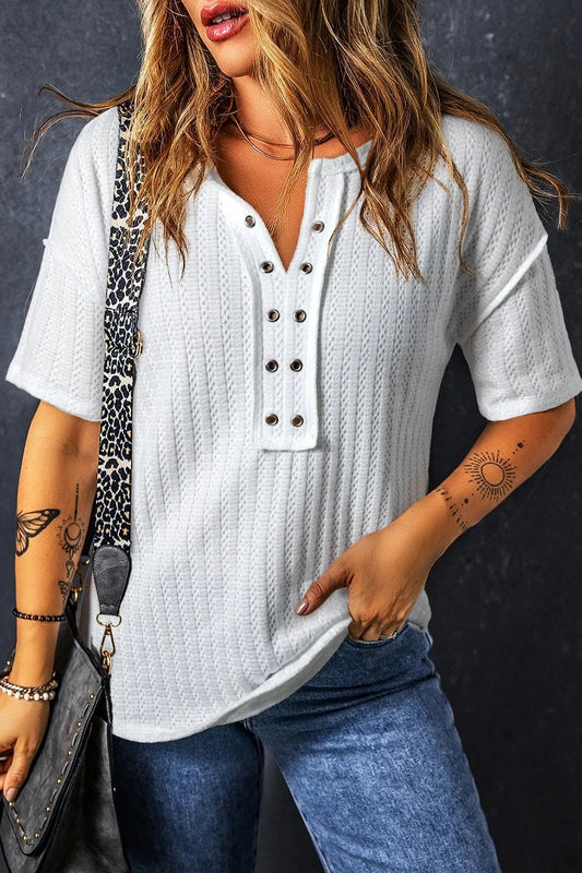 Textured Hollow Grommet Placket Split Neck Short Sleeve Top – Stylish & Slightly Stretchy | Elegant Urban Tank Top – Machello