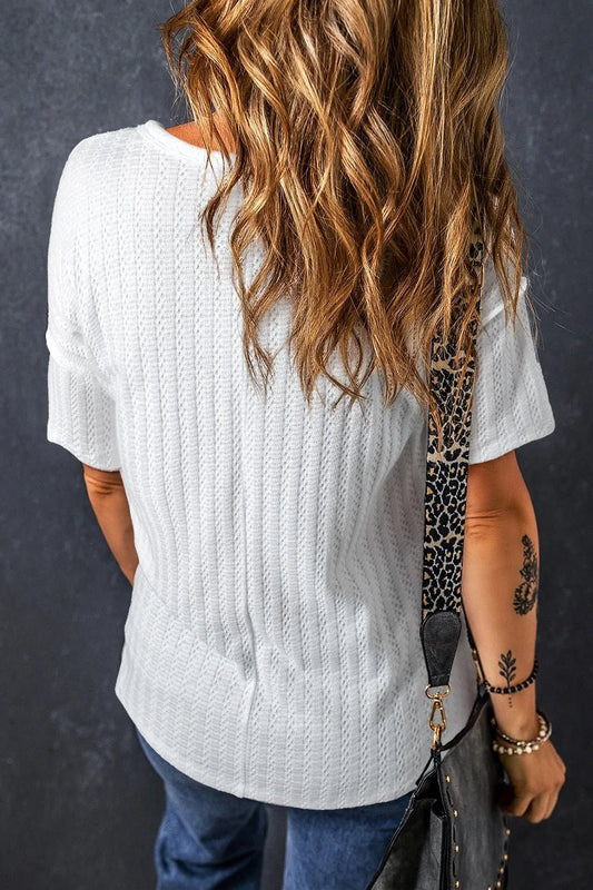 Textured Hollow Grommet Placket Split Neck Short Sleeve Top – Stylish & Slightly Stretchy | Elegant Urban Tank Top – Machello