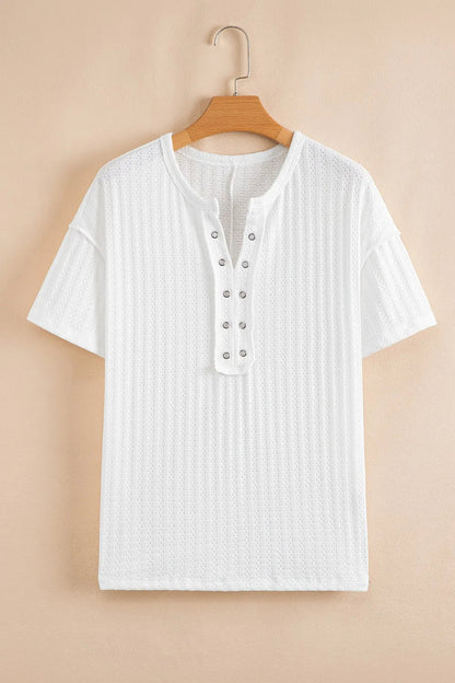 Textured Hollow Grommet Placket Split Neck Short Sleeve Top – Stylish & Slightly Stretchy | Elegant Urban Tank Top – Machello